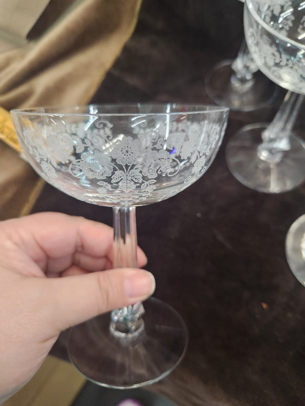 10 Vintage Crystal Champagne/Sherbert Glasses with Delicate Etched Floral and Scroll Pattern Fostoria Bouquet Style