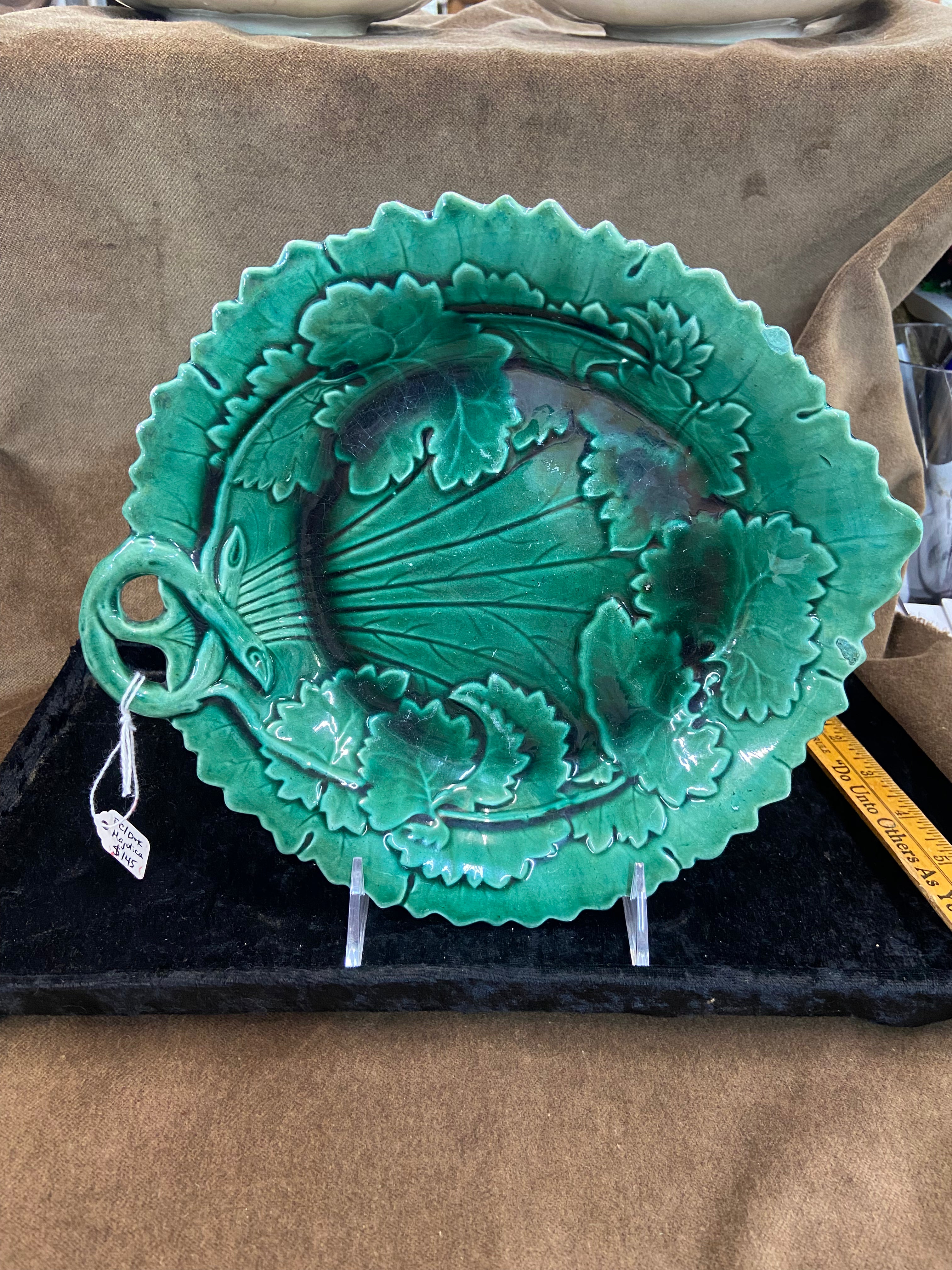 Antique Green-Glazed Majolica Leaf-Shaped Dish or Server c. 1880's