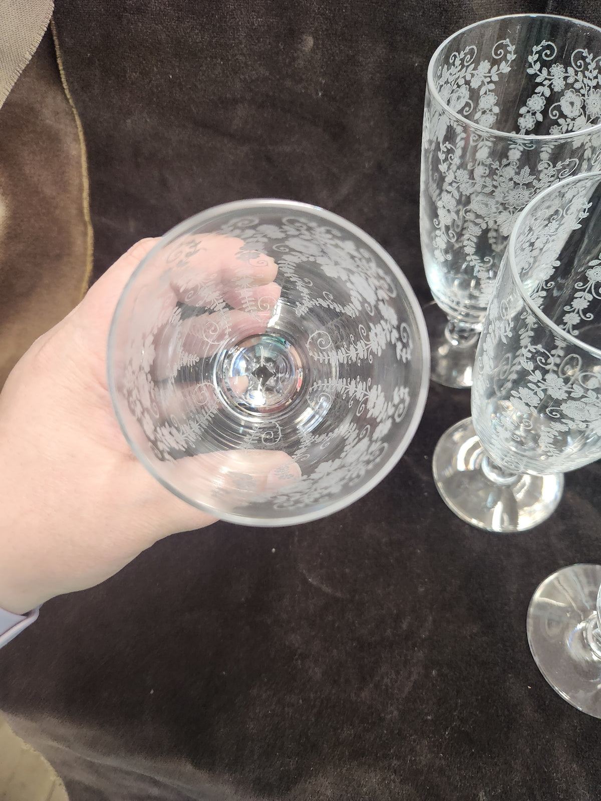 7 Vintage Fostoria Chintz Etched Crystal Stemware Featuring Intricate Floral Pattern