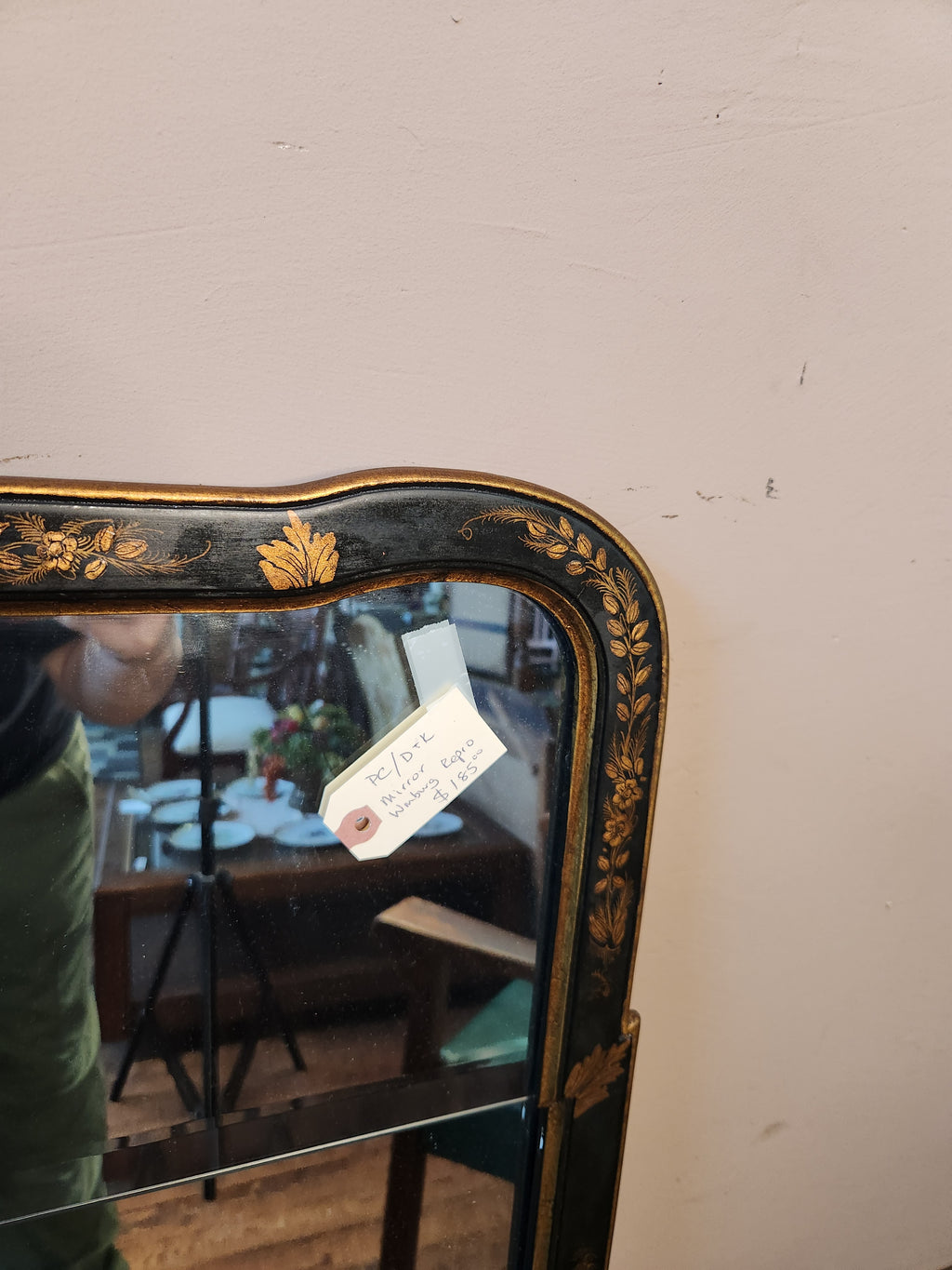 Black and Gold Chinoiserie Lacquer Wall Mirror Hand painted Asian-inspired Motifs