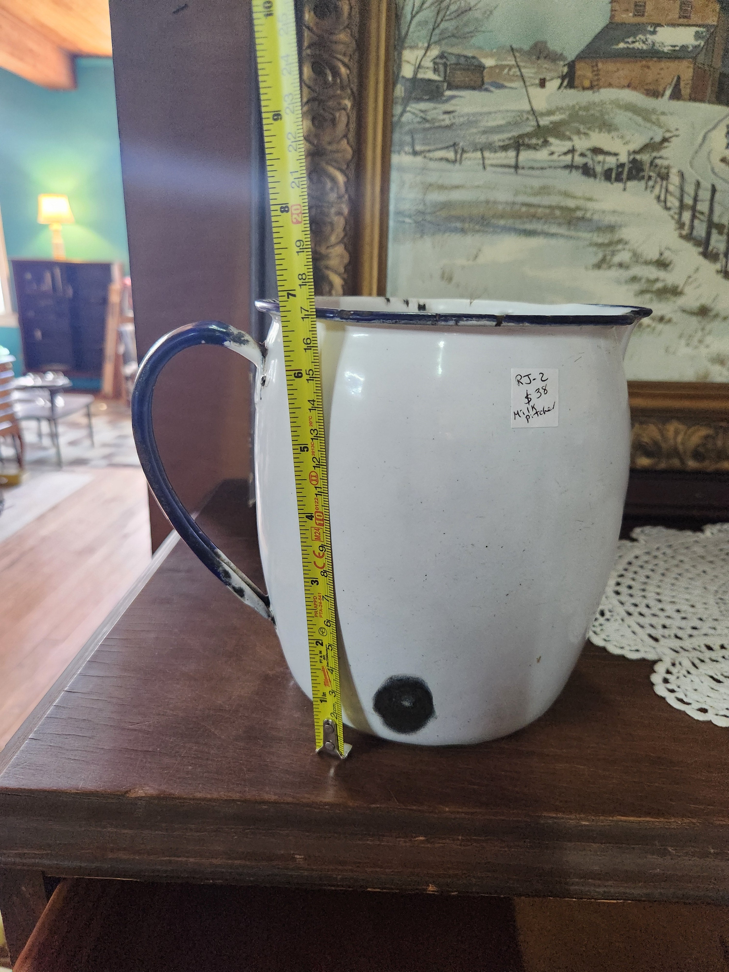 Vintage White Enamelware Milk Pitcher