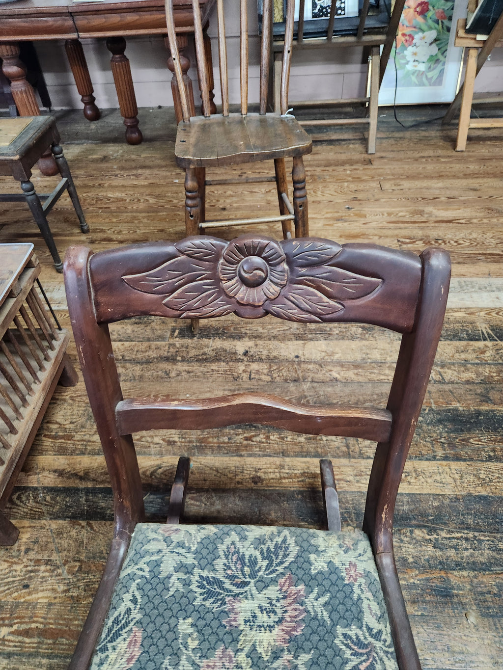 Vintage Federal-Style Mahogany Rocker with Rose Crest & Patterned Upholstered Seat
