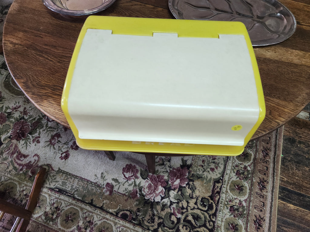 Vintage Mid-Century Yellow & White Plastic Drop-Front Bread Box Lustro-Ware