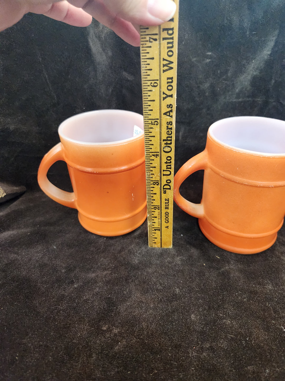 3 Vintage Anchor Hocking Fire King Orange Barrel Mugs Milk Glass