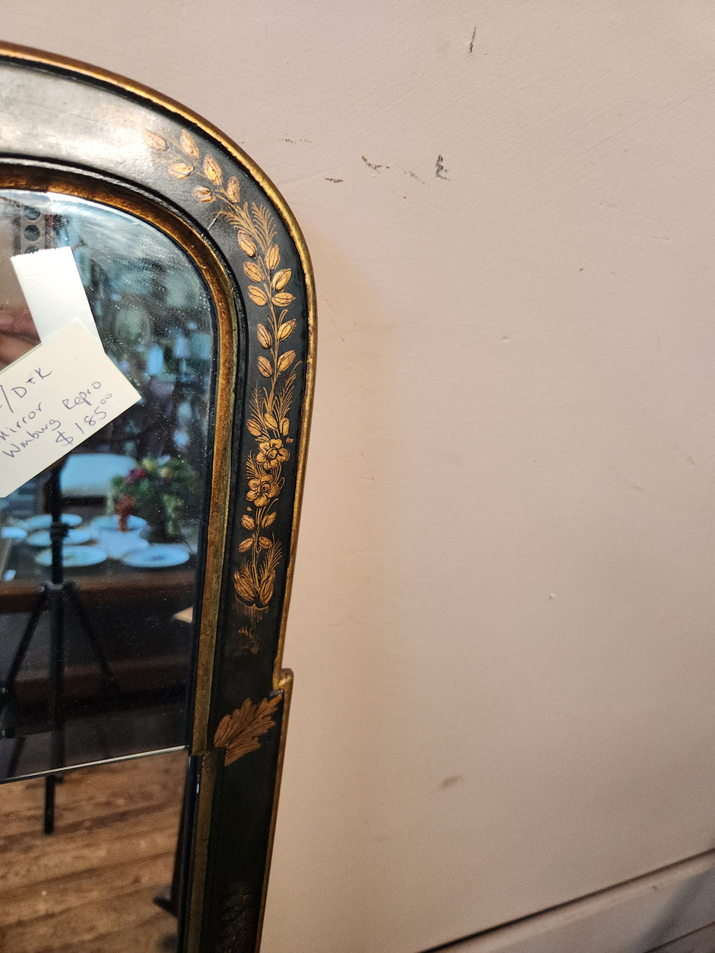 Black and Gold Chinoiserie Lacquer Wall Mirror Hand painted Asian-inspired Motifs
