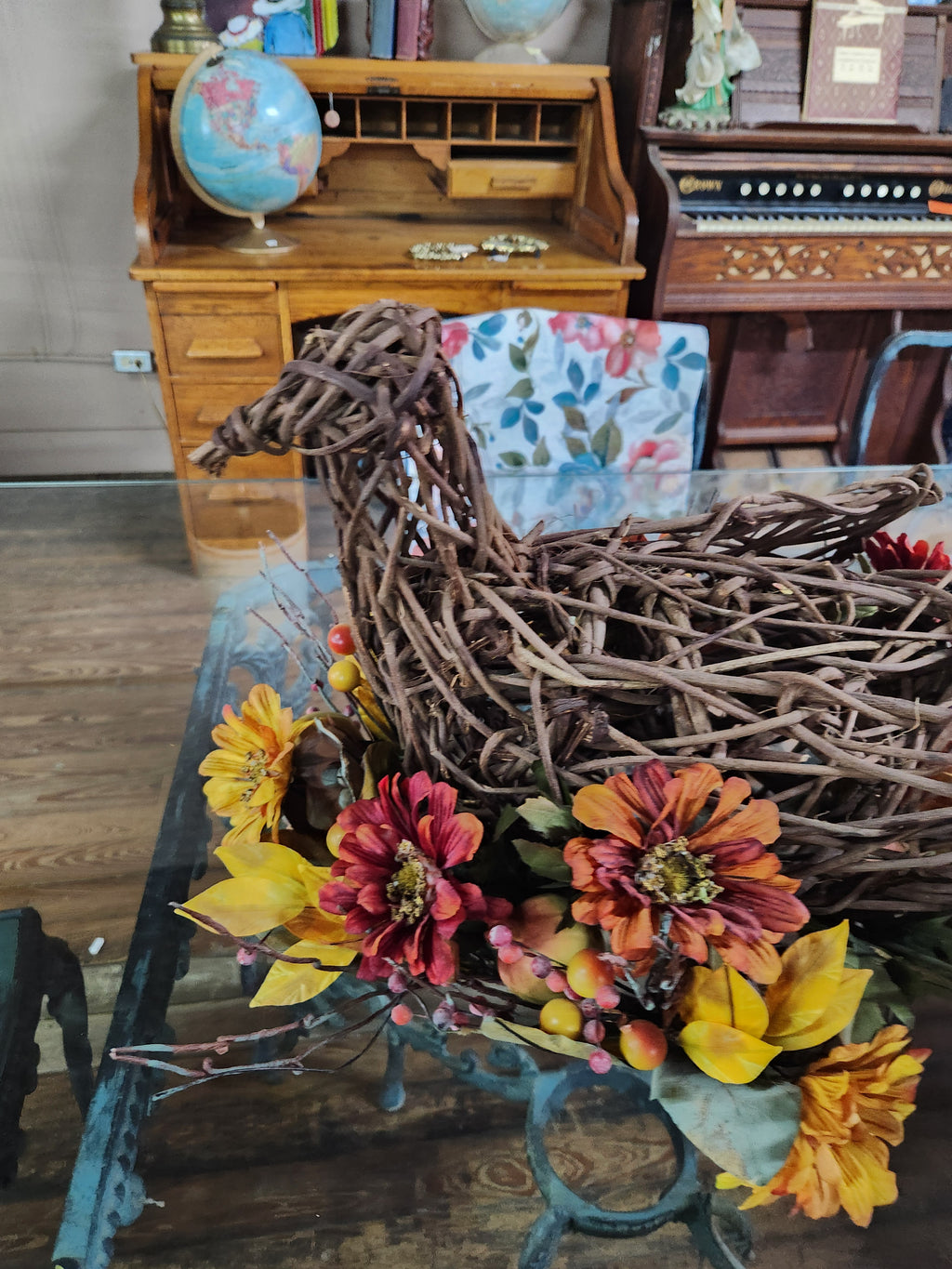 Rustic Fall Tabletop Centerpiece Woven Wicker Pheasant