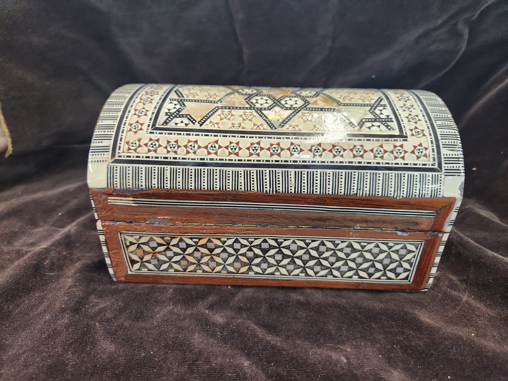 Egyptian Mother of Pearl Inlaid Wooden Jewelry Box Featuring a Curved Lid & Intricate Geometric Star & Mosaic Inlay Patterns