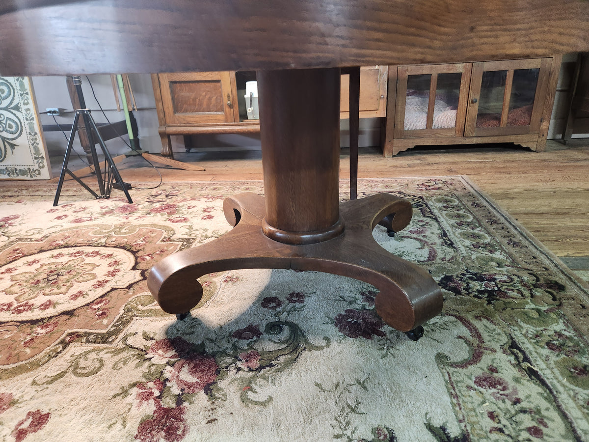 Antique Tiger Oak Expandable Pedestal Dining Table Early 1900s