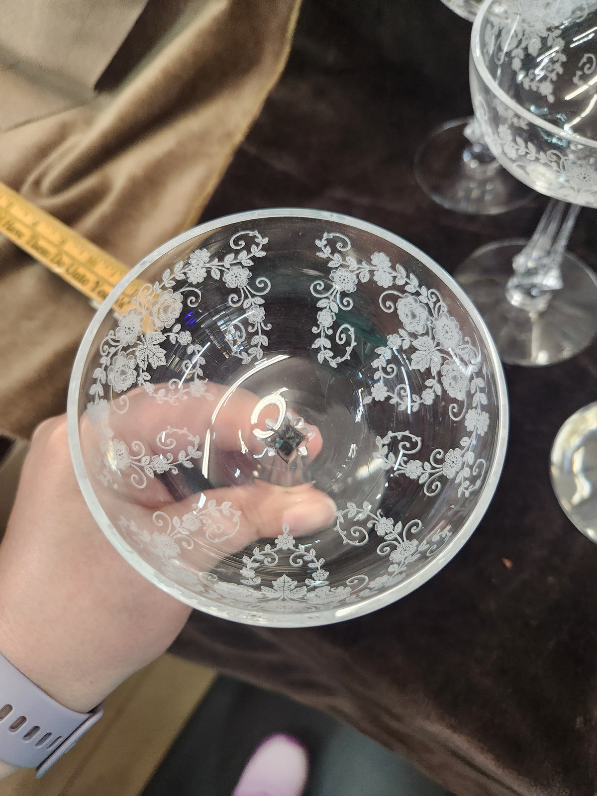 10 Vintage Crystal Champagne/Sherbert Glasses with Delicate Etched Floral and Scroll Pattern Fostoria Bouquet Style