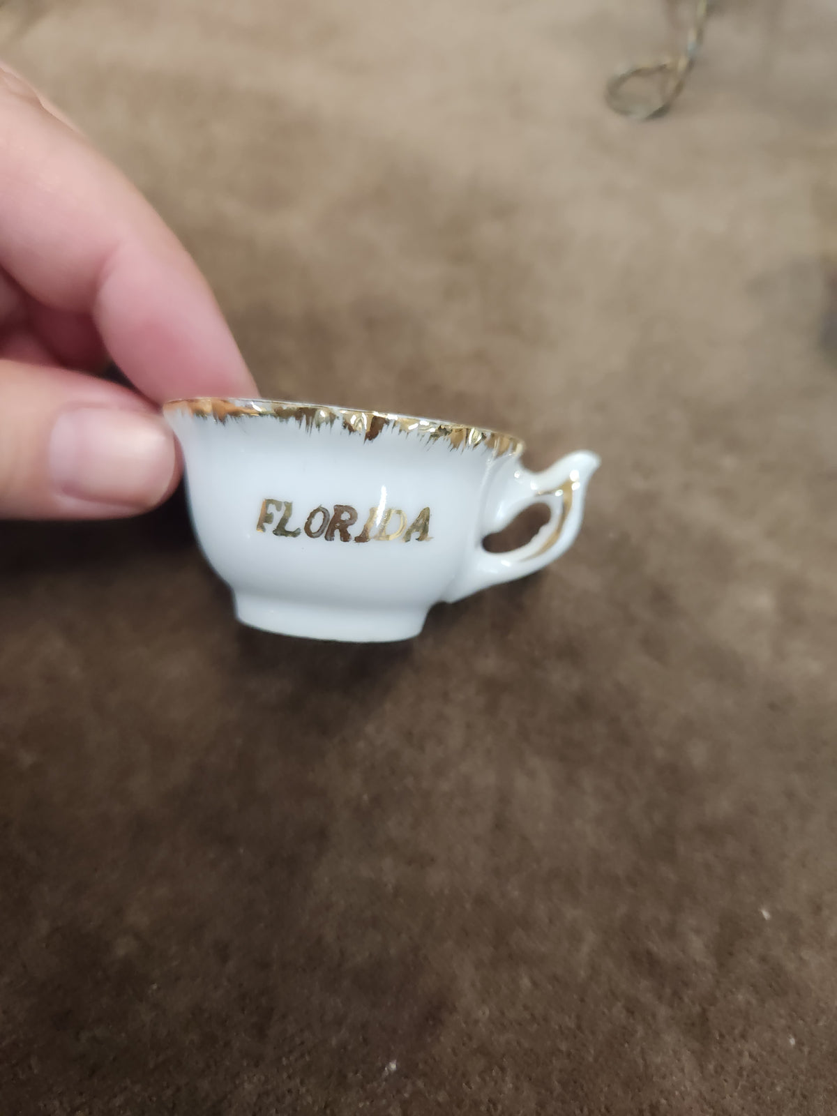 Vintage Porcelain Florida Souvenir Mini Tea Set Featuring Orange Motifs and Gold Trim
