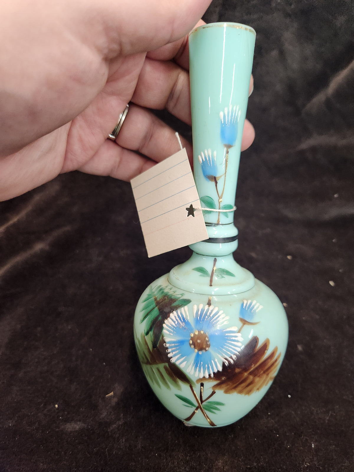 Antique Light Blue Opaline or Bristol Glass Bud Vase or Barber Bottle Featuring Hand-Painted Blue and White Floral Designs