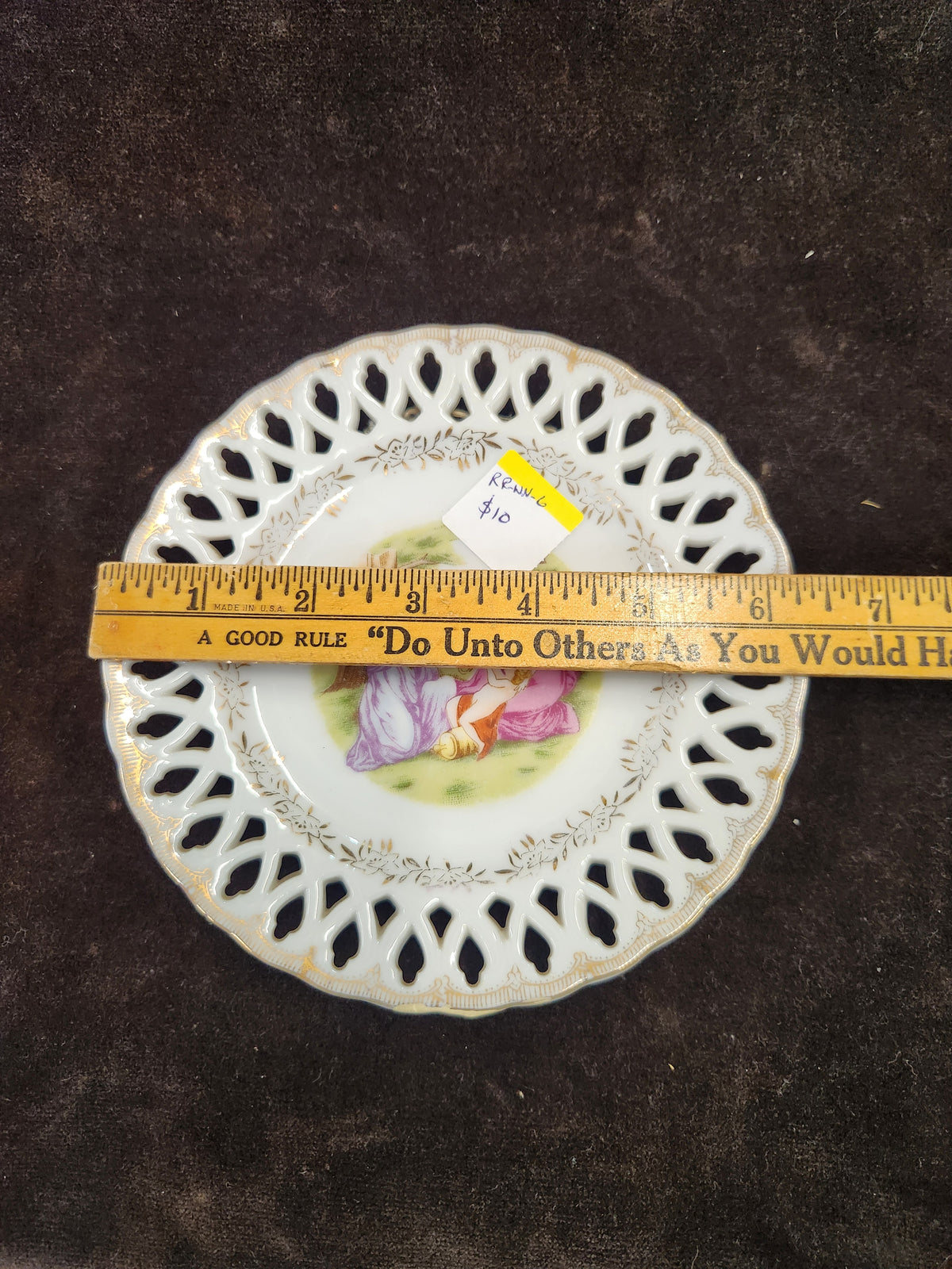 Vintage Reticulated Porcelain Decorative Plate Featuring a Classical or Greek-Style Scene