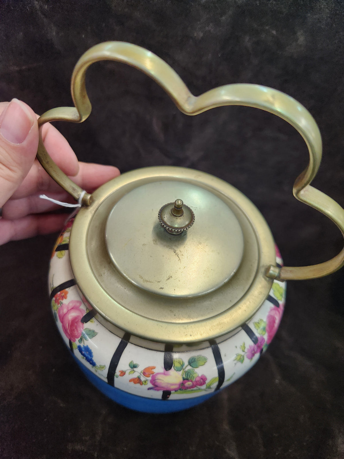 Antique English Ceramic Biscuit Barrel – Blue Floral Design with Brass Handle