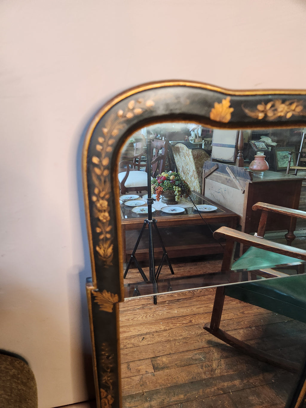 Black and Gold Chinoiserie Lacquer Wall Mirror Hand painted Asian-inspired Motifs