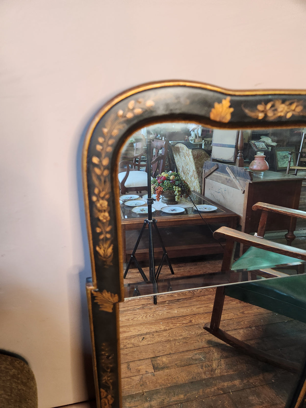 Black and Gold Chinoiserie Lacquer Wall Mirror Hand painted Asian-inspired Motifs