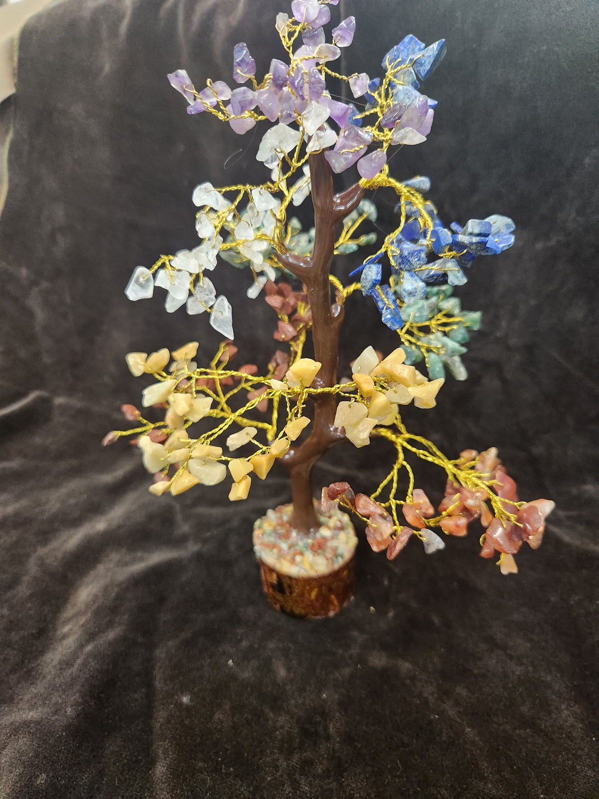 Handcrafted 7 Chakra Crystal Gemstone Tree Featuring Colorful Chip stone Leaves