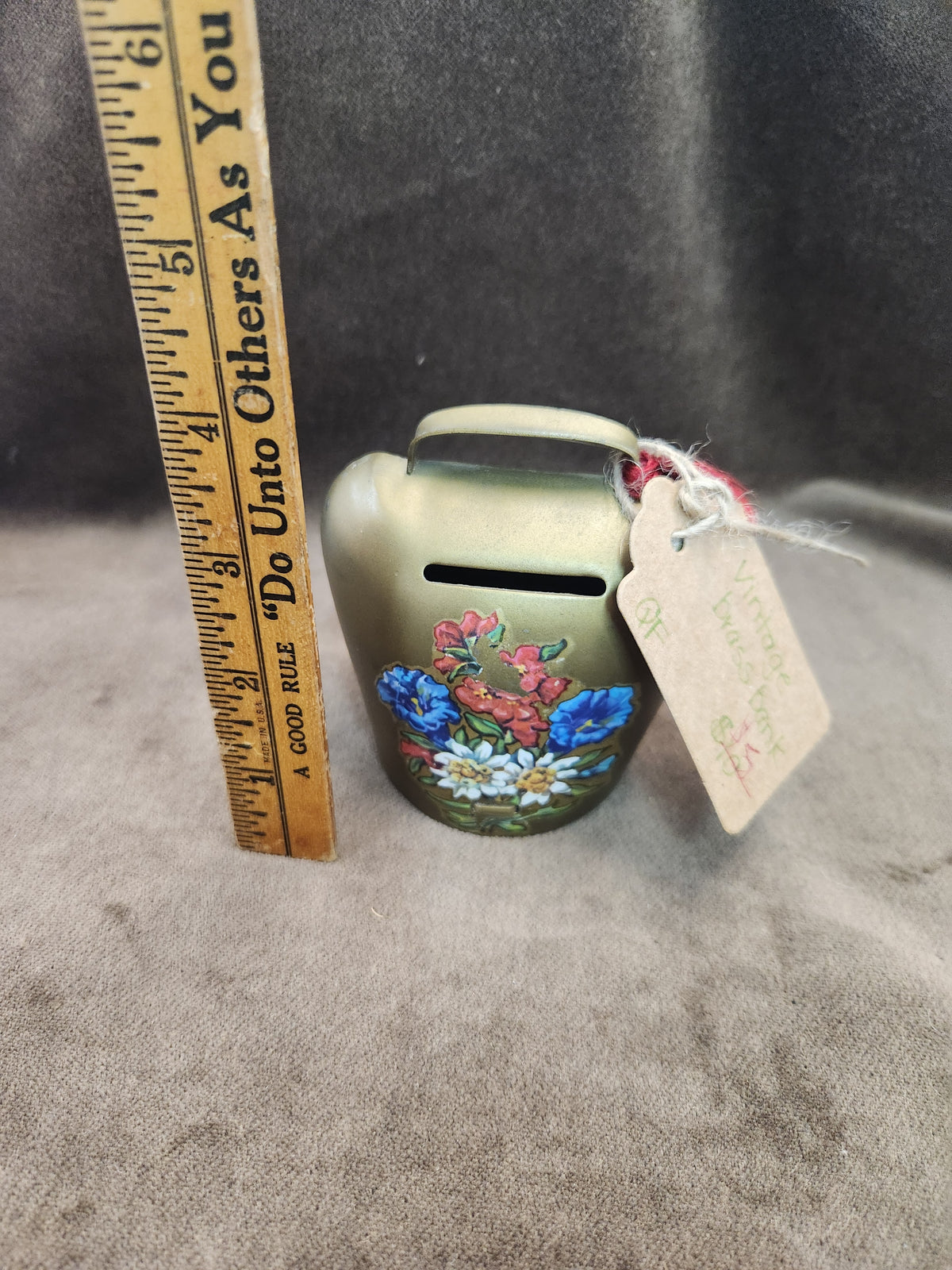 Vintage Brass-Plated Cowbell Coin Piggy Bank Decorated with Hand-Painted Alpine-Style Floral Art