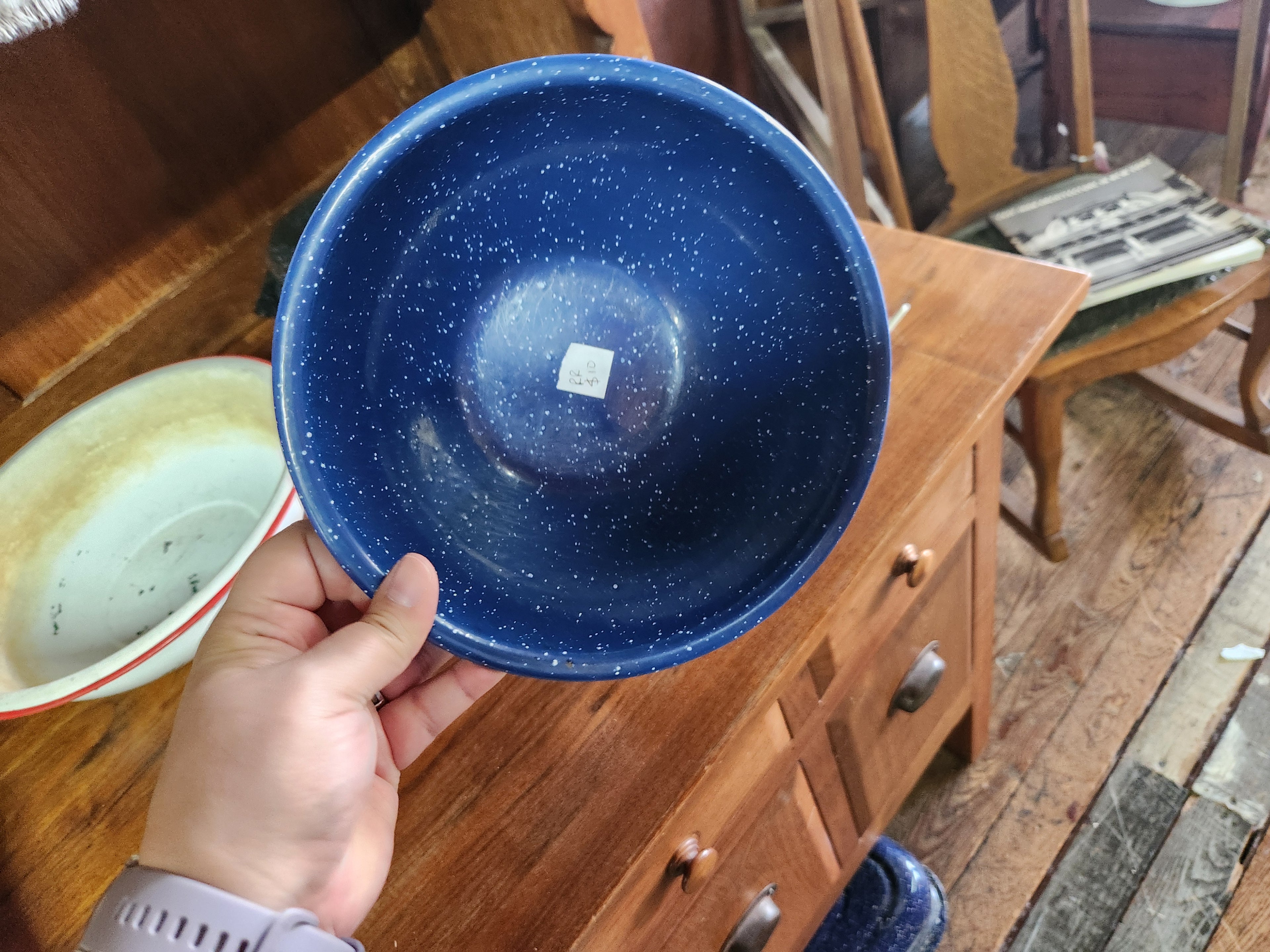 Vintage Blue & White Speckled Enamelware Bowl