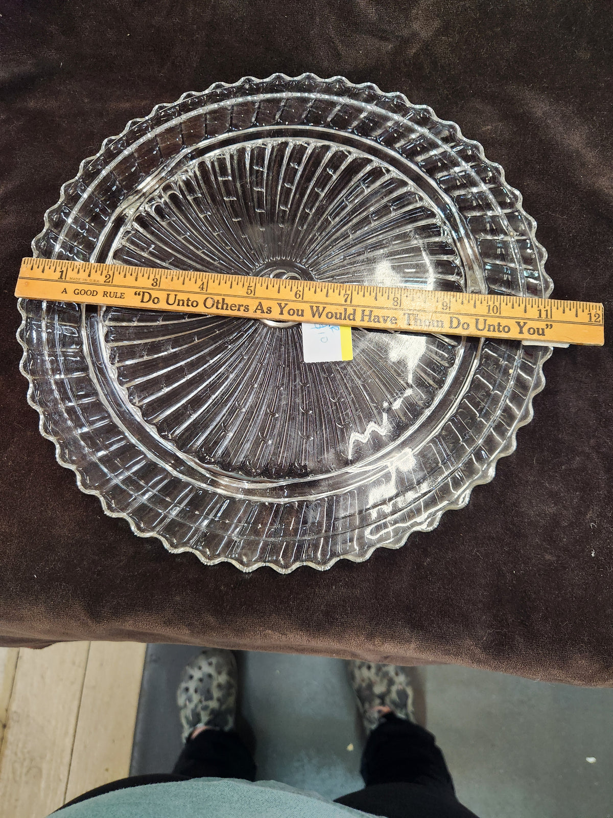 Clear Pressed Glass Cake Plate Featuring a Radiating Swirl Pattern and a Scalloped Rim