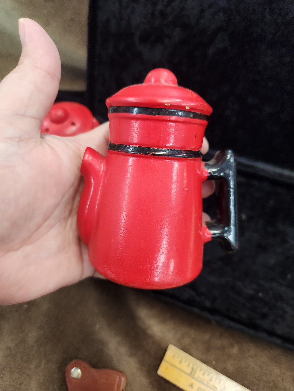 Vintage Red Ceramic Coffee Pot S&P Shakers Japan 60's 70's