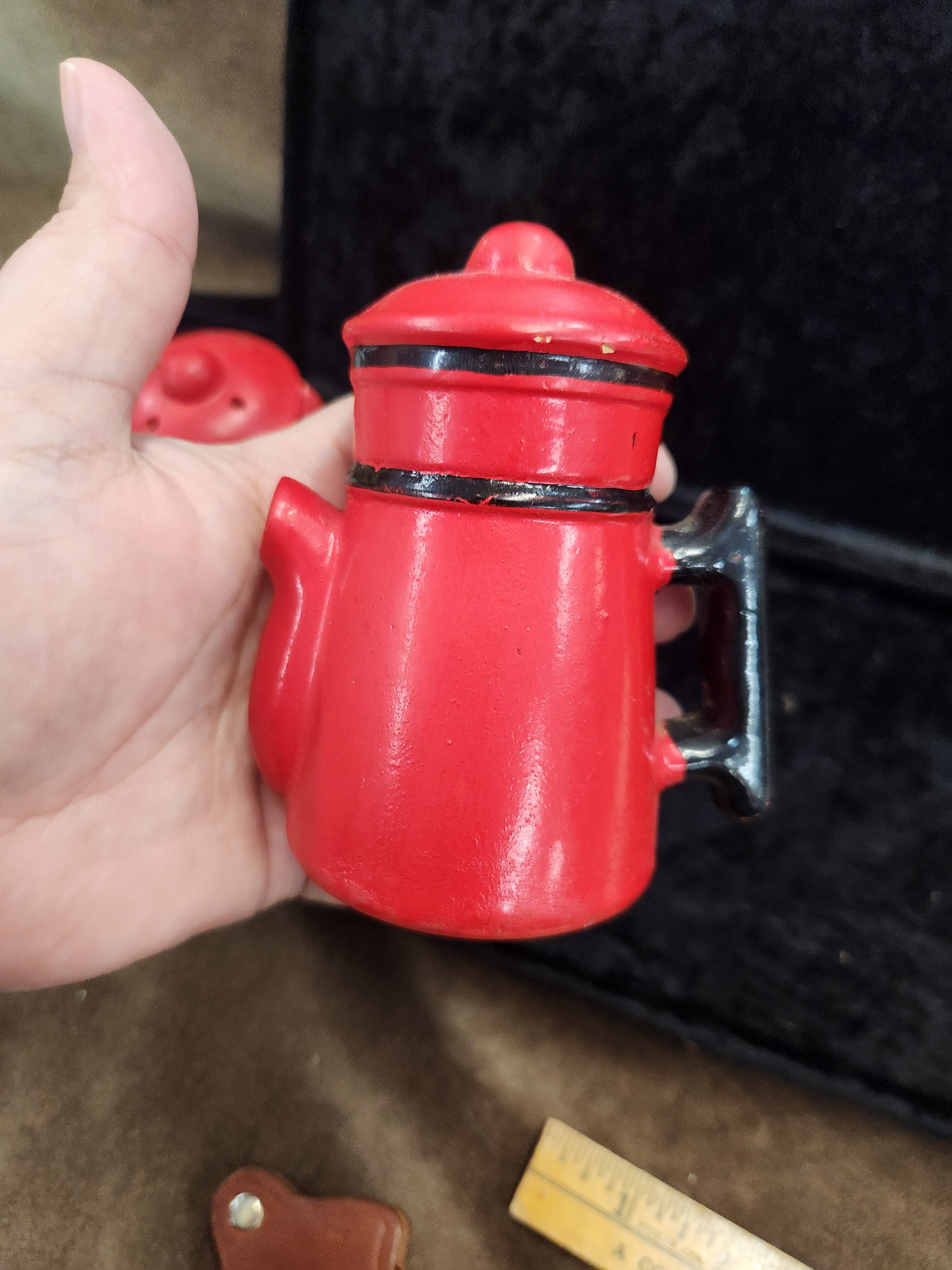Vintage Red Ceramic Coffee Pot S&P Shakers Japan 60's 70's