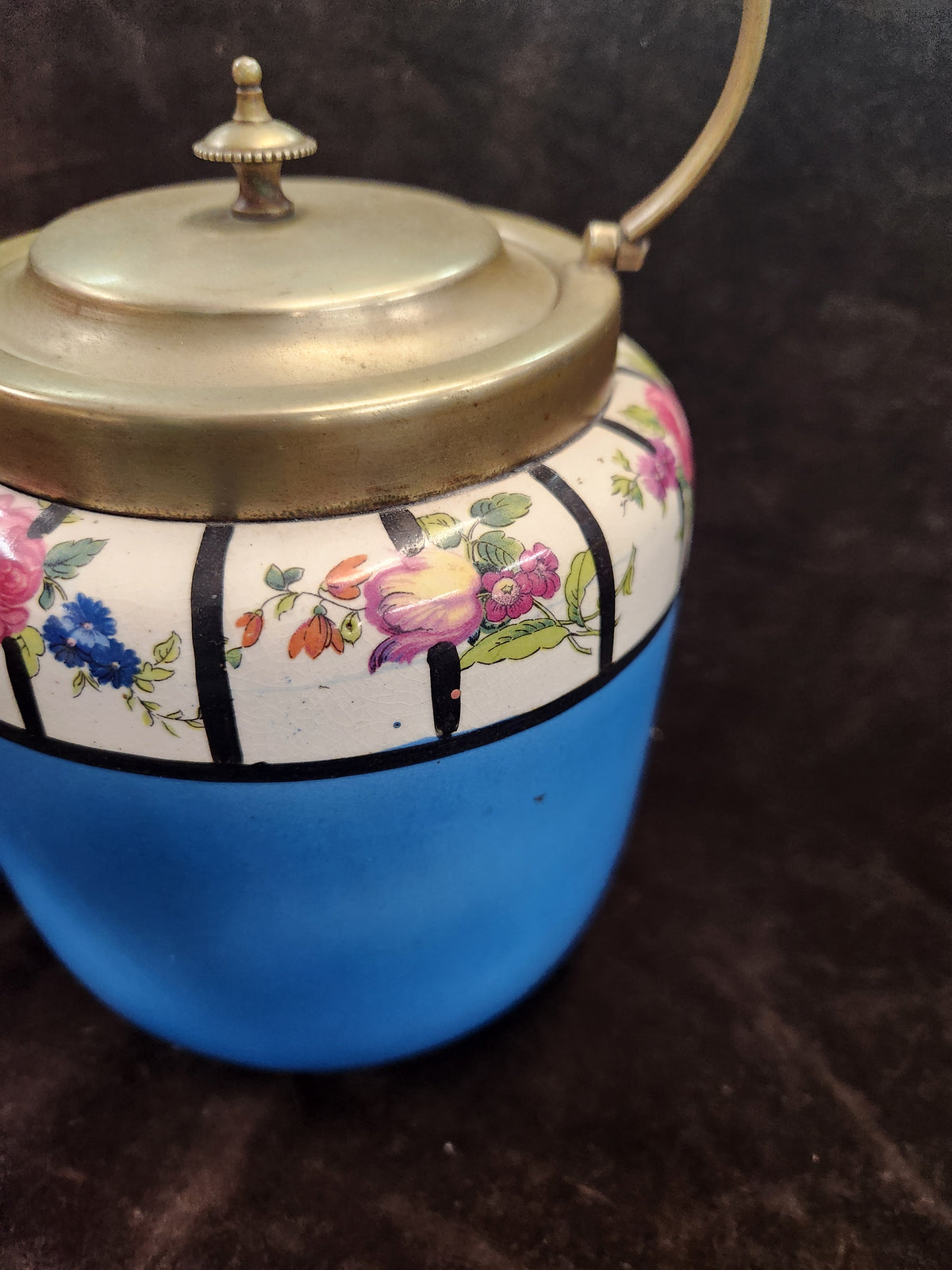 Antique English Ceramic Biscuit Barrel – Blue Floral Design with Brass Handle