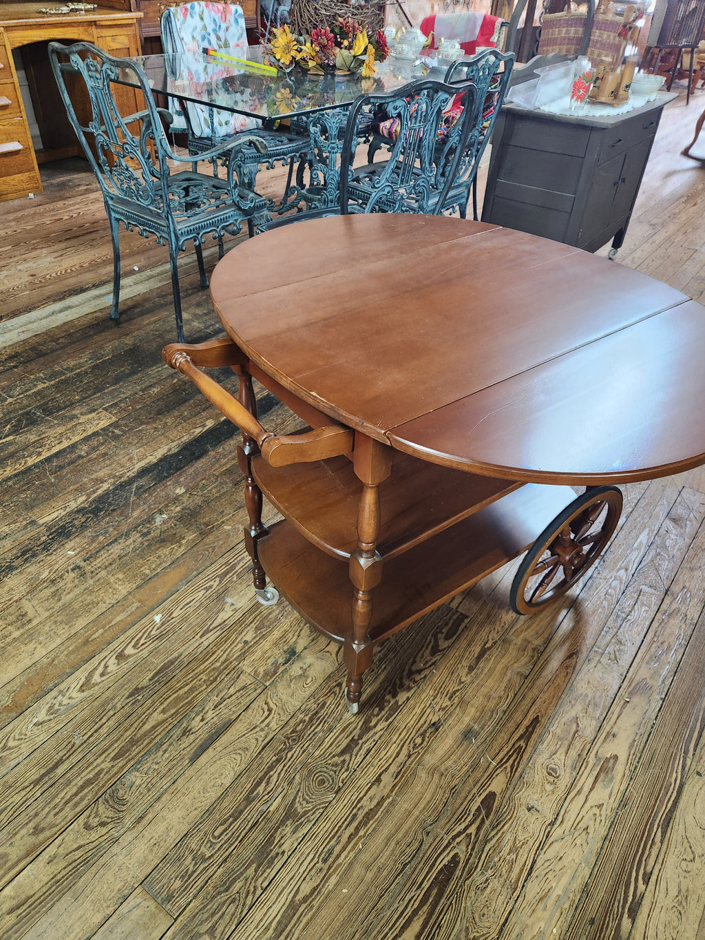 VIntage Solid Wood Drop-Leaf Tea & Bar Cart