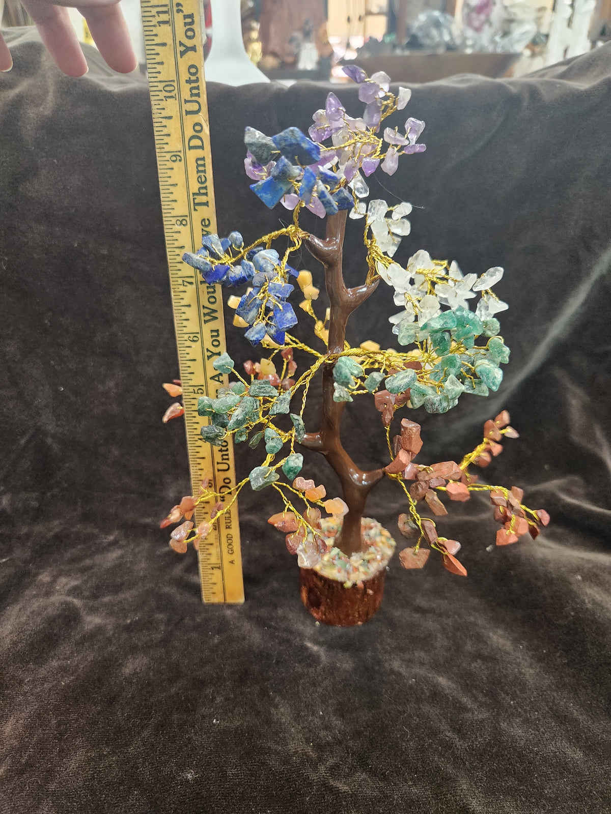 Handcrafted 7 Chakra Crystal Gemstone Tree Featuring Colorful Chip stone Leaves