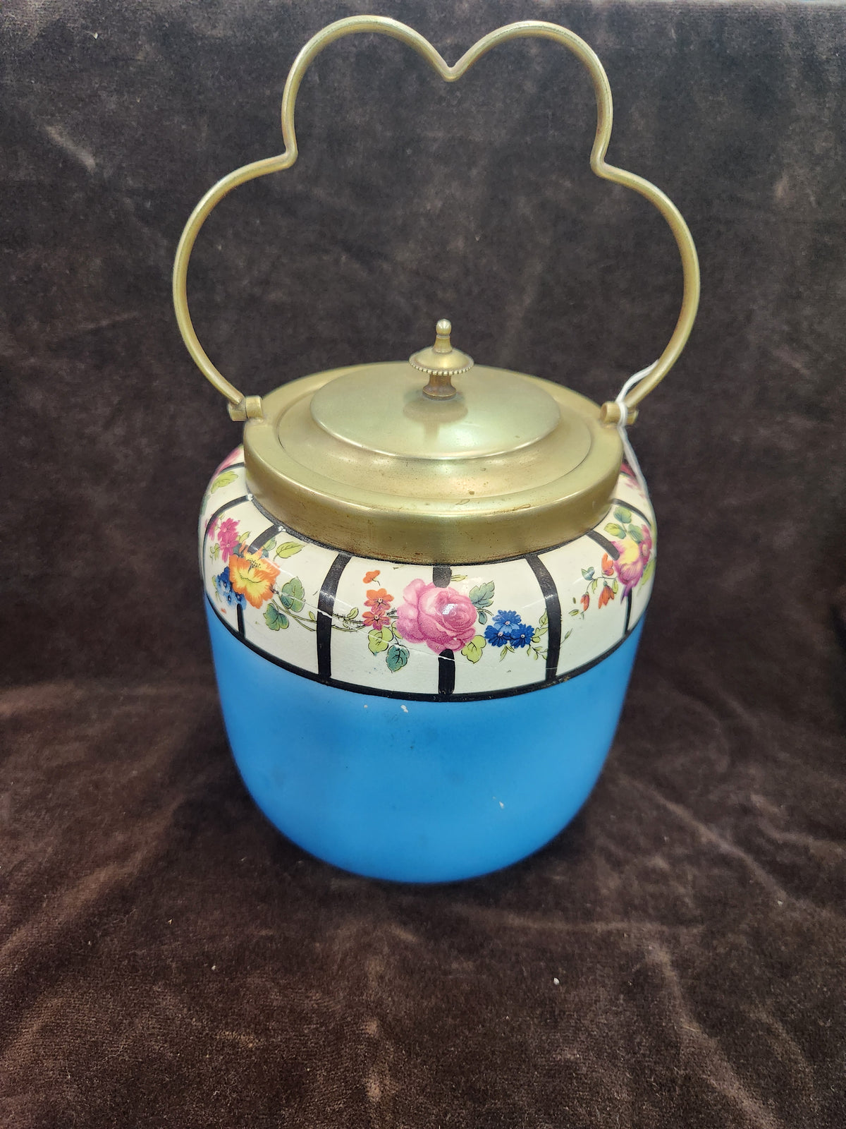 Antique English Ceramic Biscuit Barrel – Blue Floral Design with Brass Handle