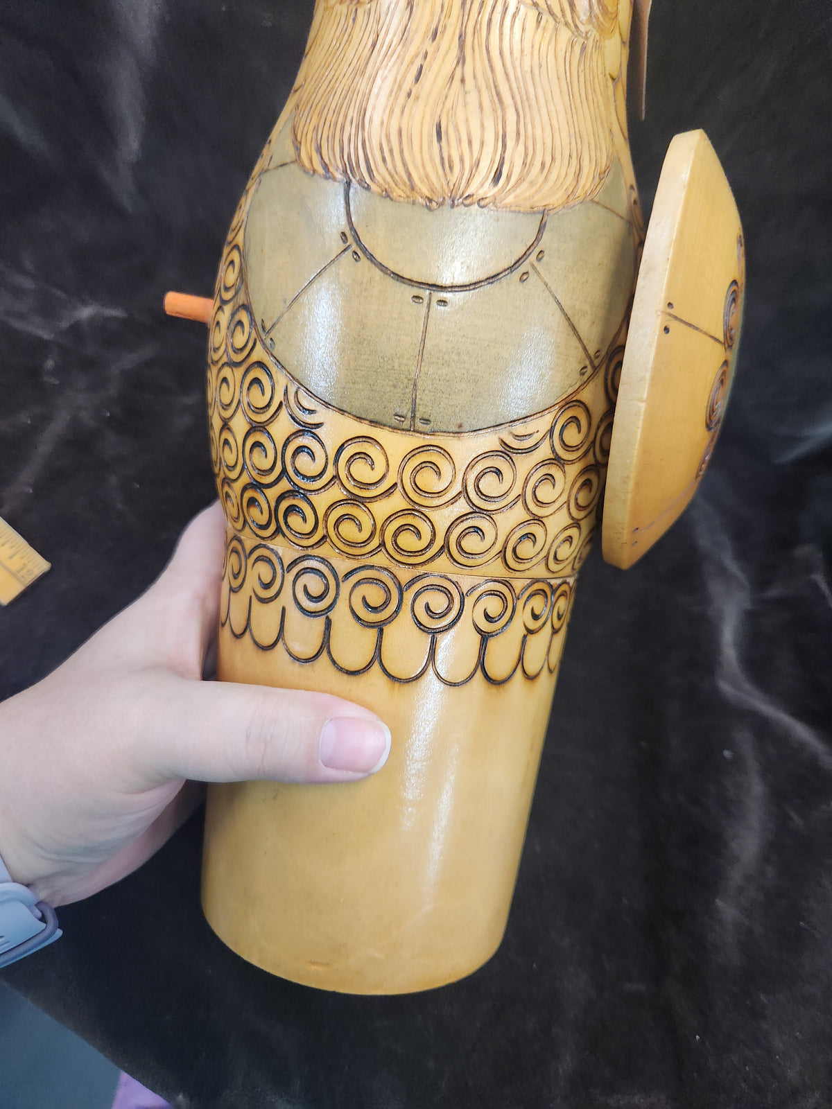Vintage Wooden Hand-Carved Russian Bogatyr Warrior Bottle Holder, Nesting Doll