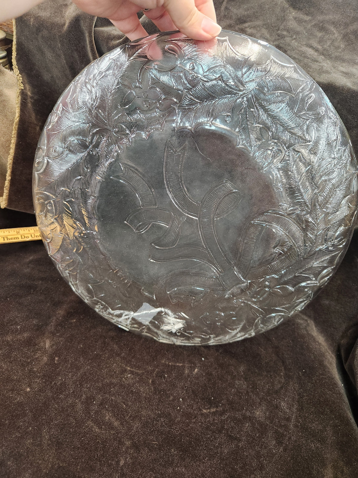 Vintage Clear Glass Holiday Serving Platter Featuring an Embossed Holly Wreath and a Tied Ribbon Bow Design