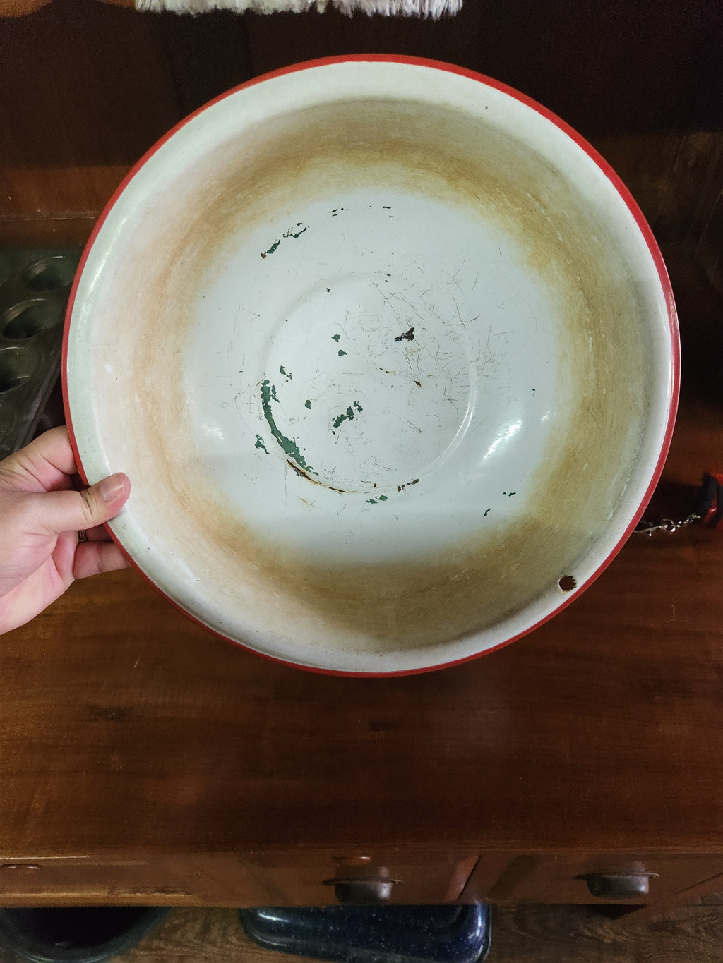 Vintage White Enamelware Wash Basin/Mixing Bowl with Red Trim