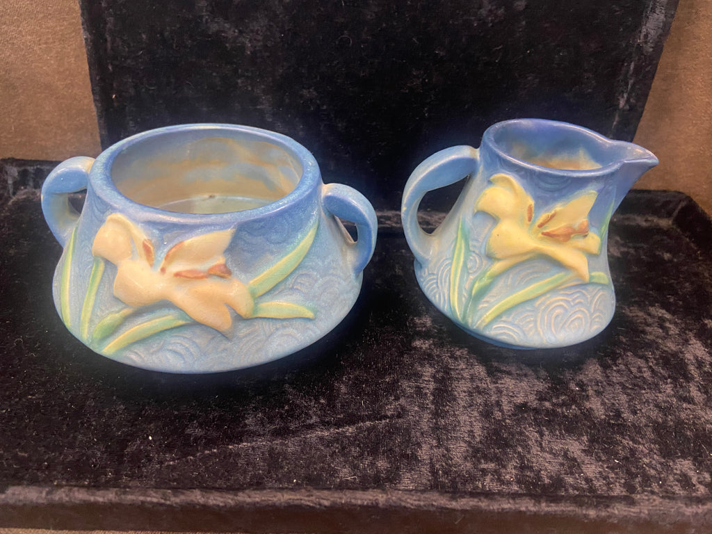 Vintage Zephyr Lilly Bermuda Blue Roseville Creamer & Sugar