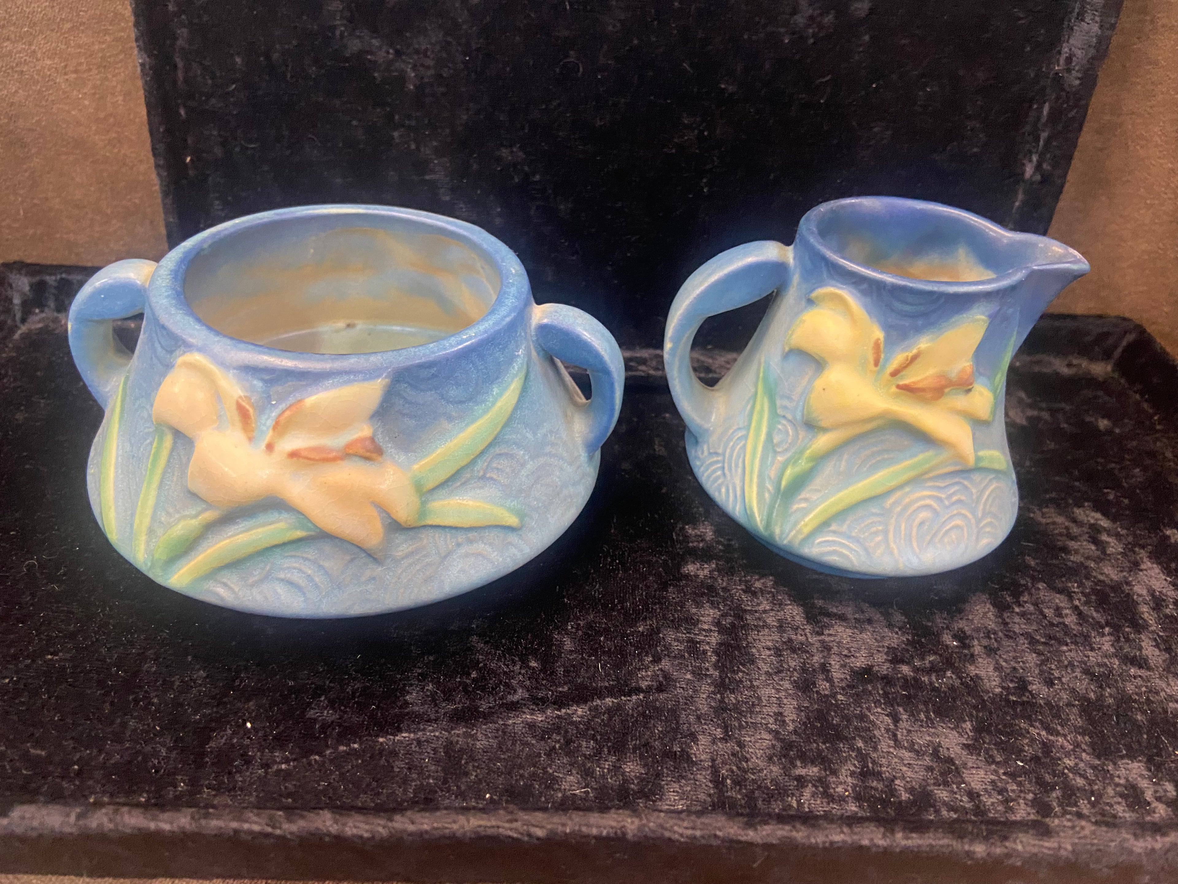 Vintage Zephyr Lilly Bermuda Blue Roseville Creamer & Sugar