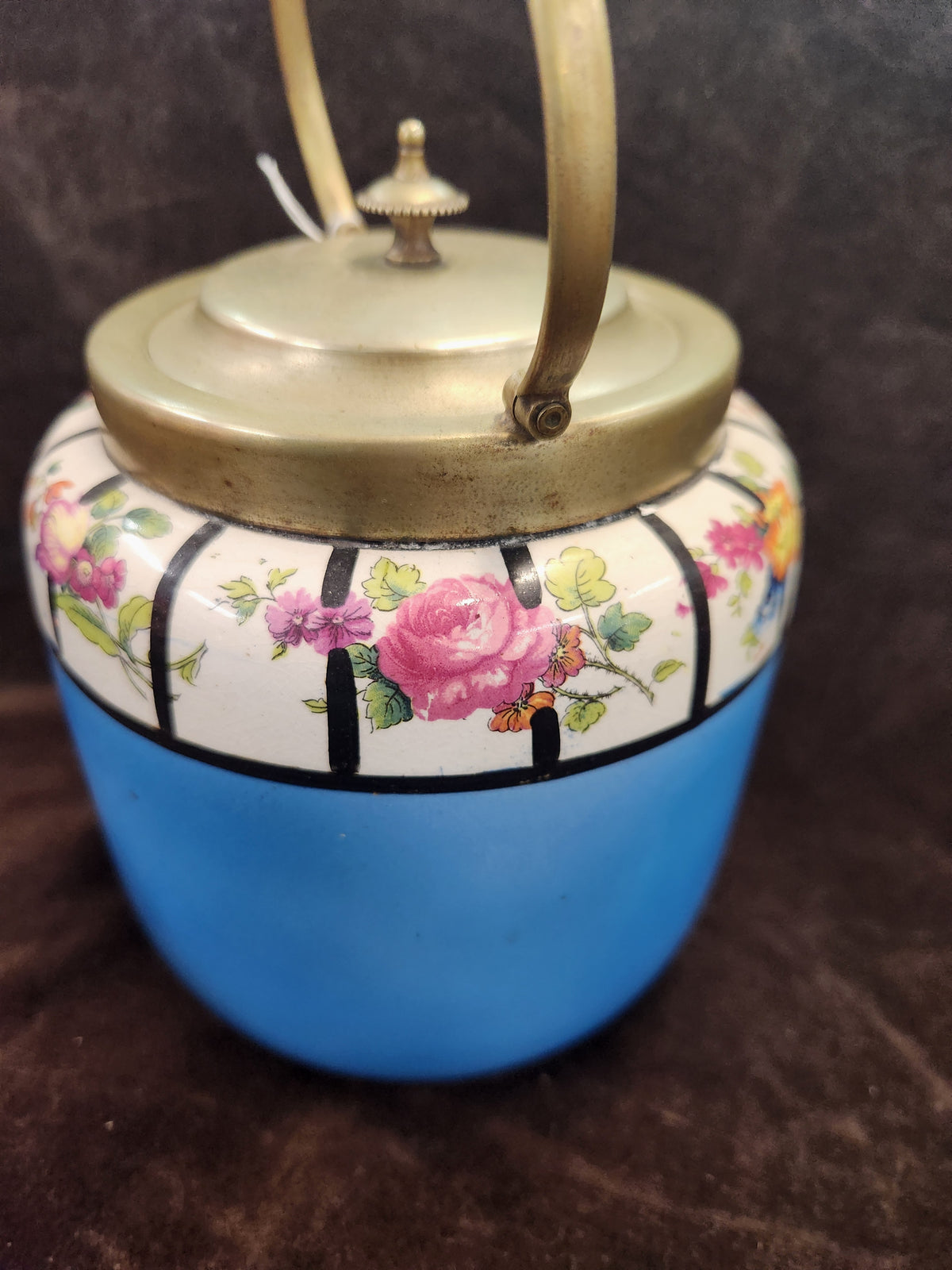 Antique English Ceramic Biscuit Barrel – Blue Floral Design with Brass Handle