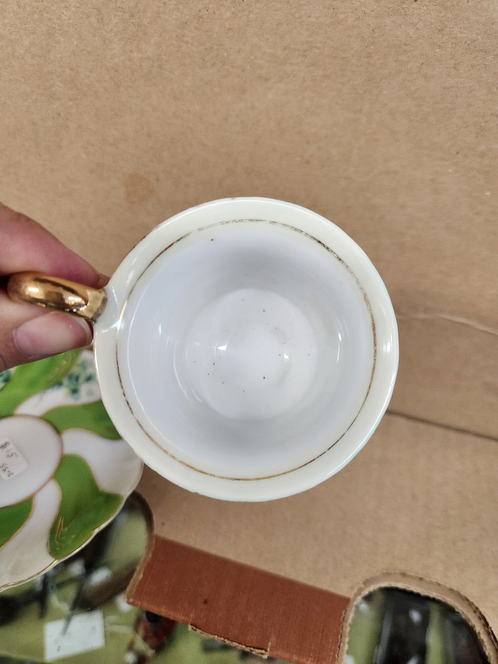 Vintage Ucagco Occupied Japan Demitasse Cup and Saucer Set Green Swirl and Floral Pattern Gold Accents
