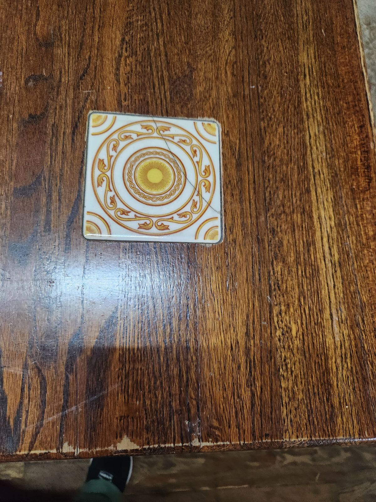 Vintage Square Wooden Table with Decorative Inlaid Ceramic Tiles on Metal Pedestal