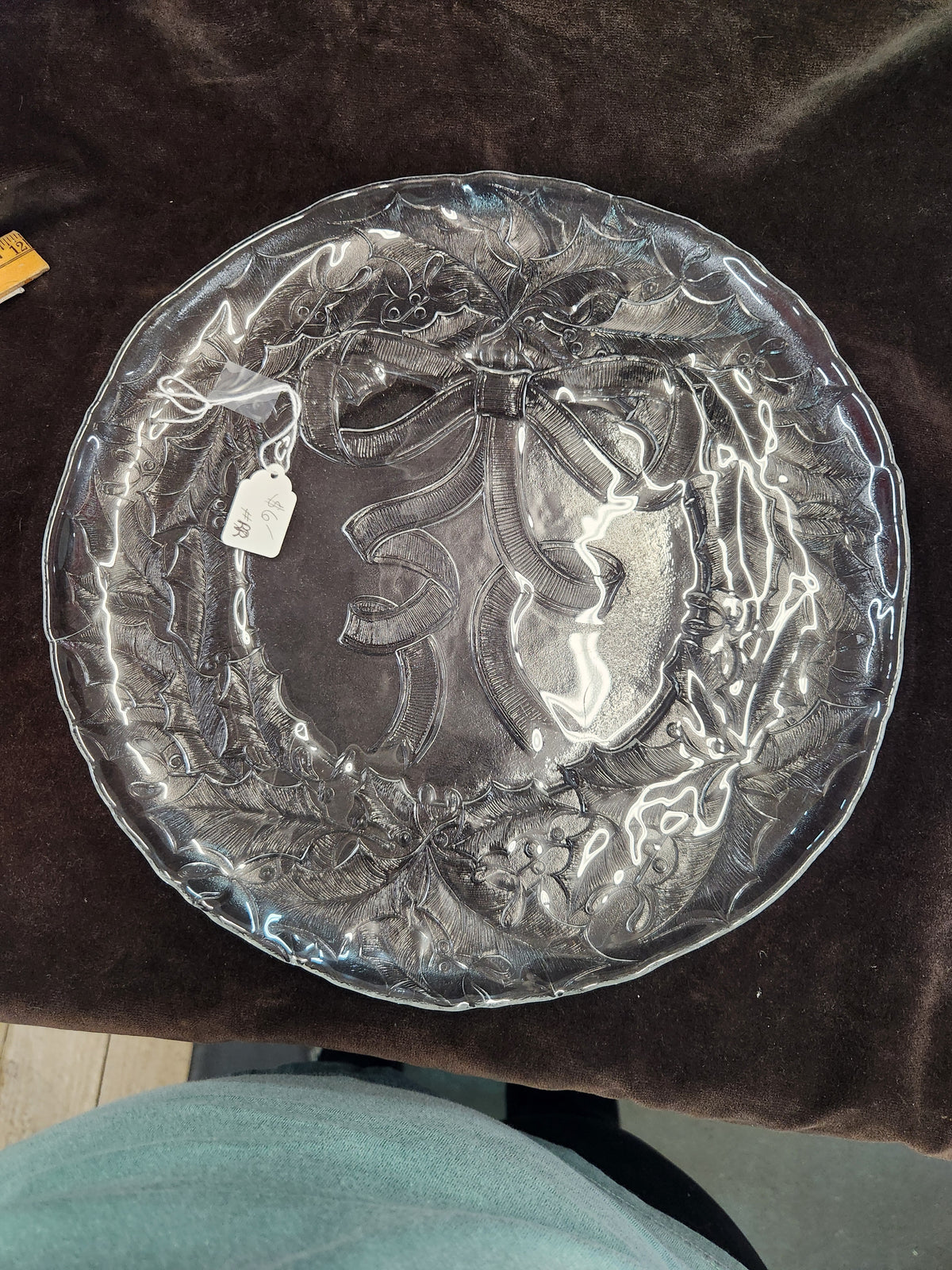 Vintage Clear Glass Holiday Serving Platter Featuring an Embossed Holly Wreath and a Tied Ribbon Bow Design
