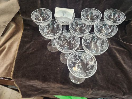 10 Vintage Crystal Champagne/Sherbert Glasses with Delicate Etched Floral and Scroll Pattern Fostoria Bouquet Style