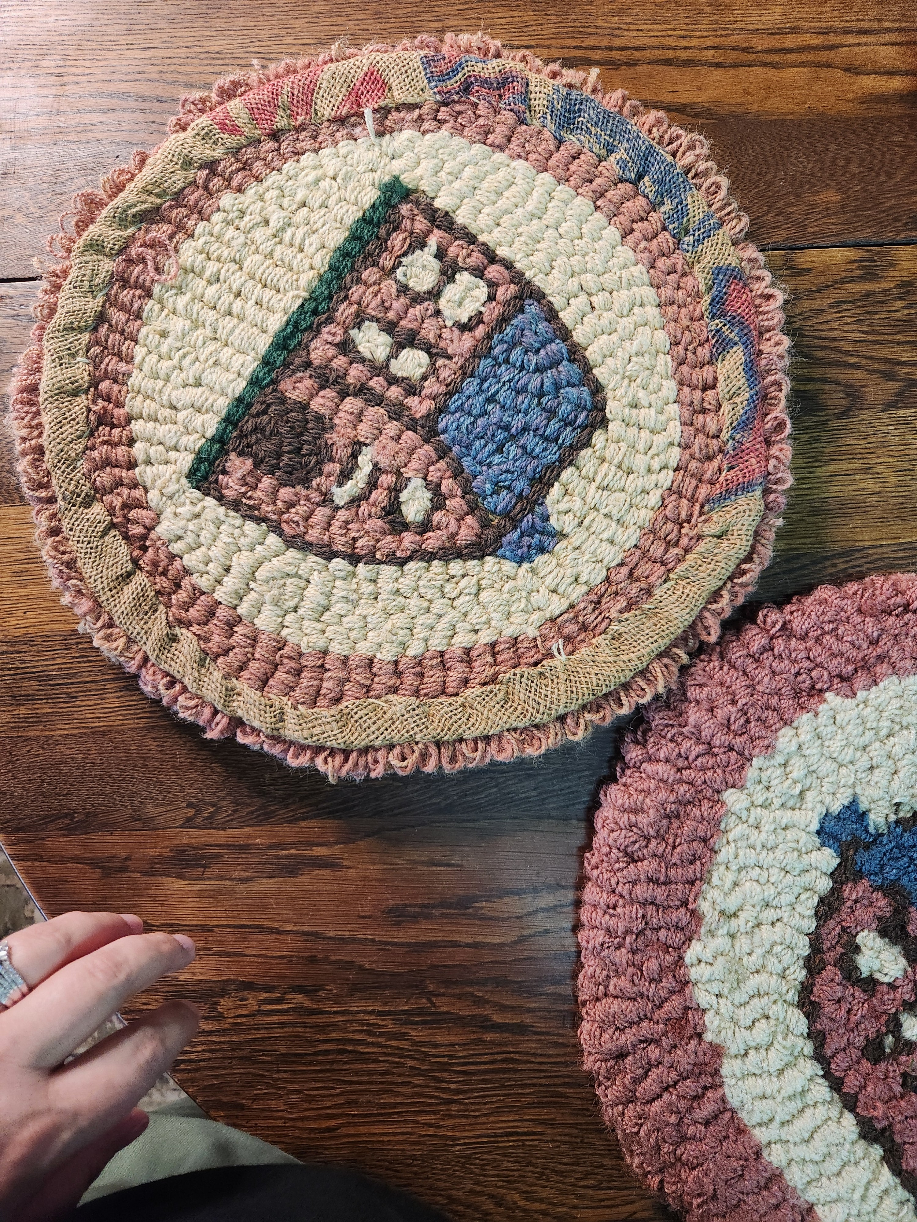 Pair of Vintage Hook Rug Seat Cushions