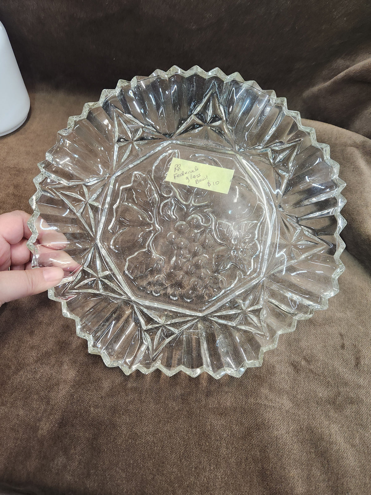 Vintage Federal Clear Glass Serving Bowl in the Pioneer Intaglio Fruit pattern