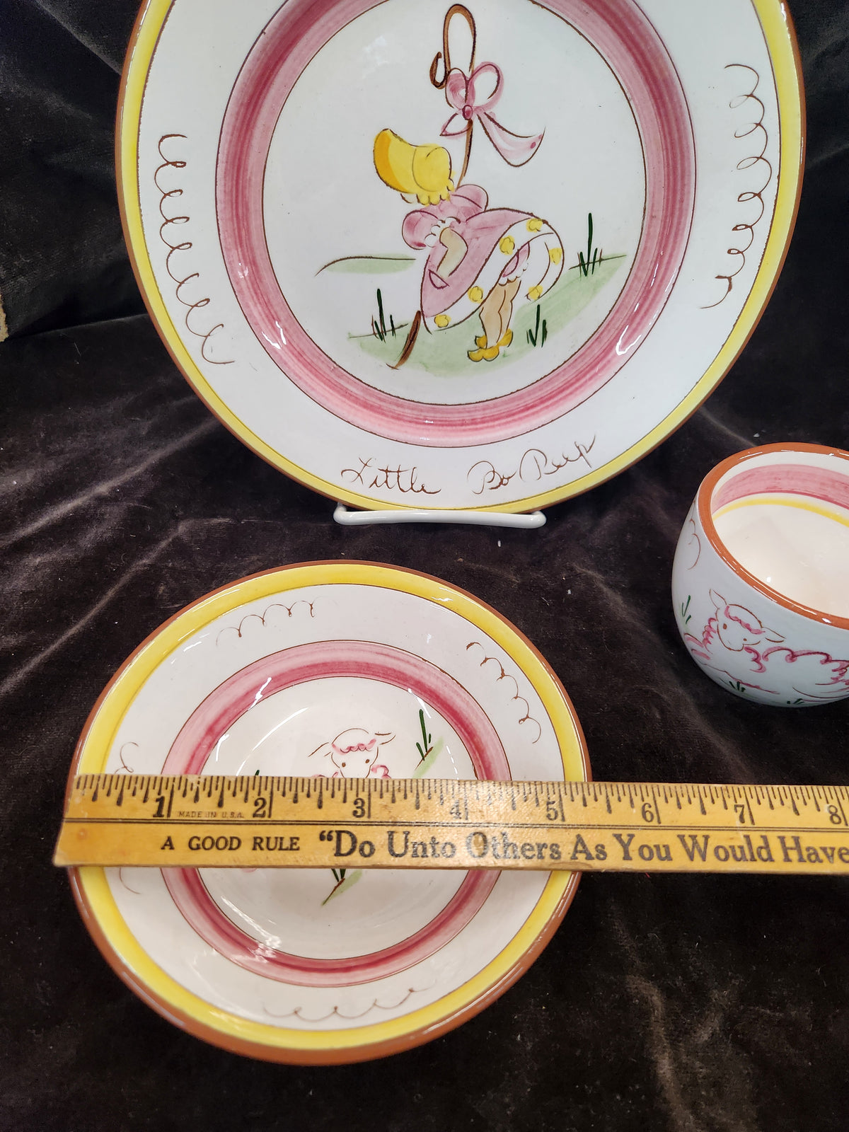 Vintage Stangl Kiddieware "Little Bo Peep" Redware Pottery Child's Dish Set Featuring Hand Painted Nursery Rhyme