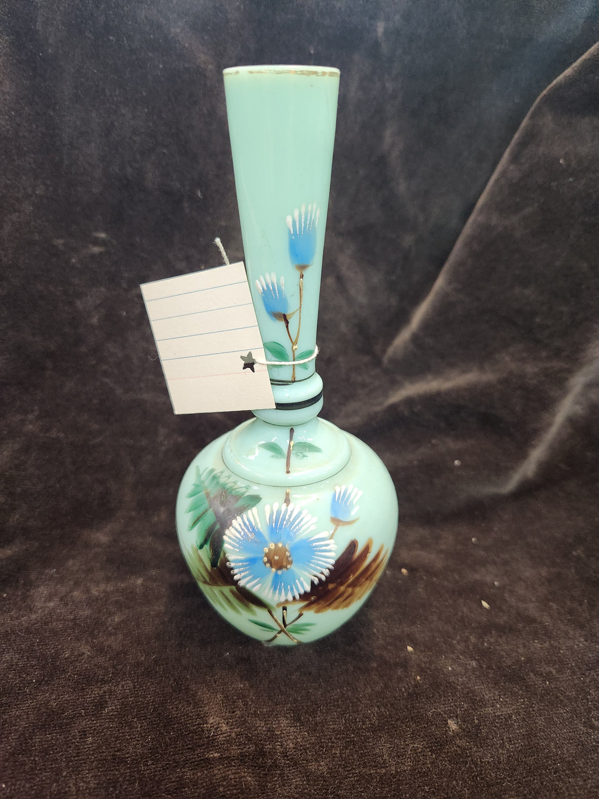 Antique Light Blue Opaline or Bristol Glass Bud Vase or Barber Bottle Featuring Hand-Painted Blue and White Floral Designs