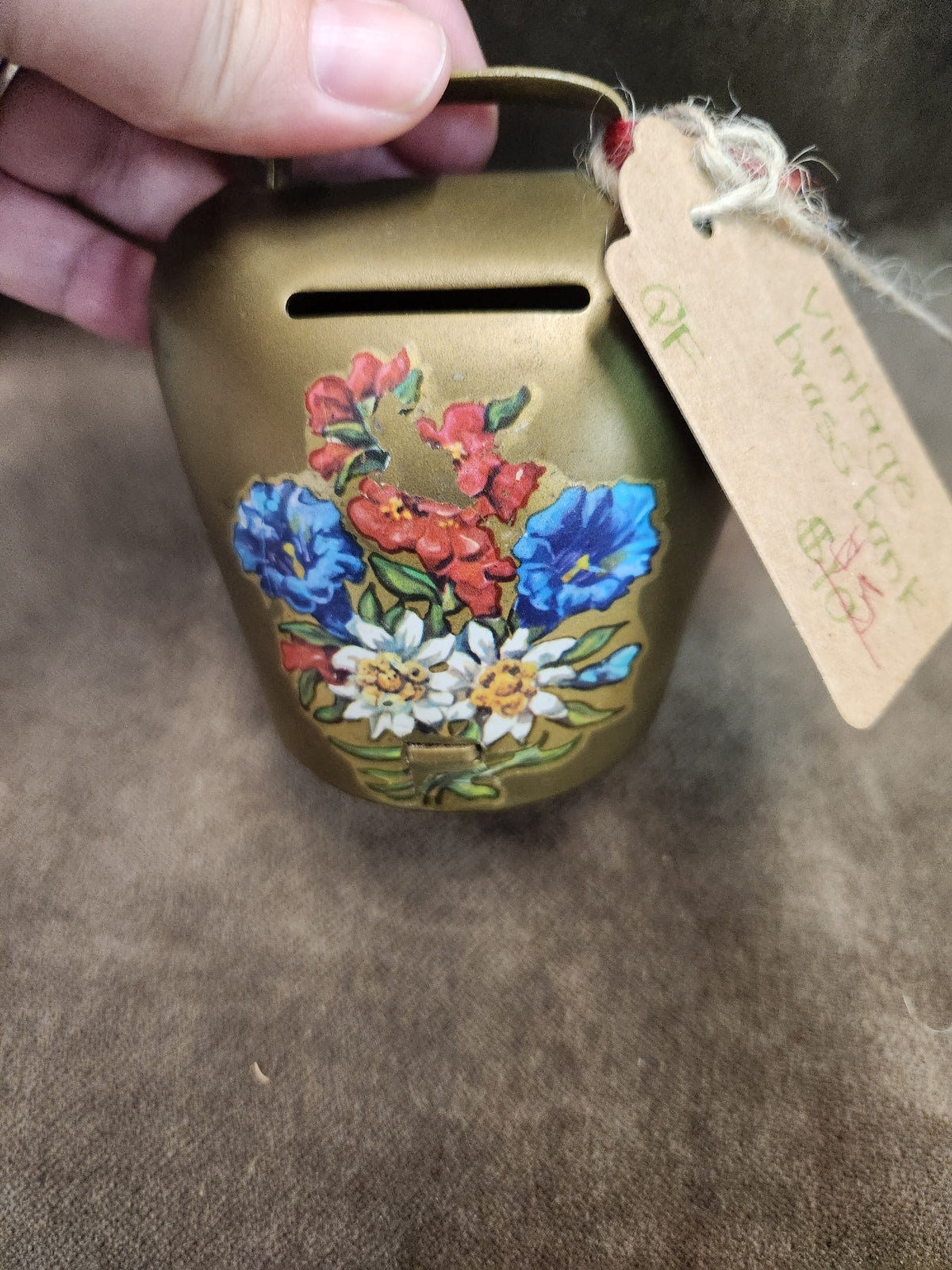 Vintage Brass-Plated Cowbell Coin Piggy Bank Decorated with Hand-Painted Alpine-Style Floral Art