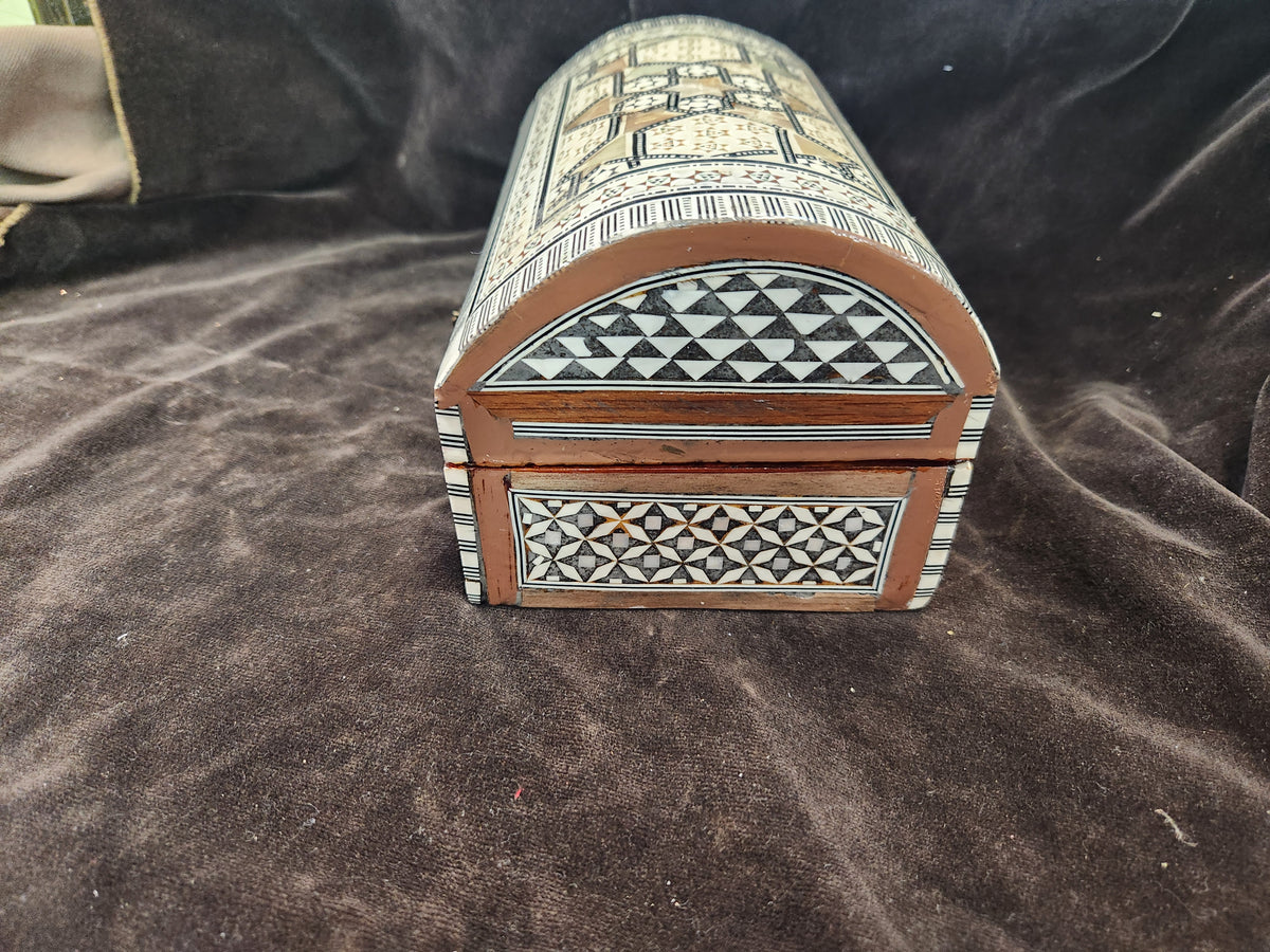 Egyptian Mother of Pearl Inlaid Wooden Jewelry Box Featuring a Curved Lid & Intricate Geometric Star & Mosaic Inlay Patterns