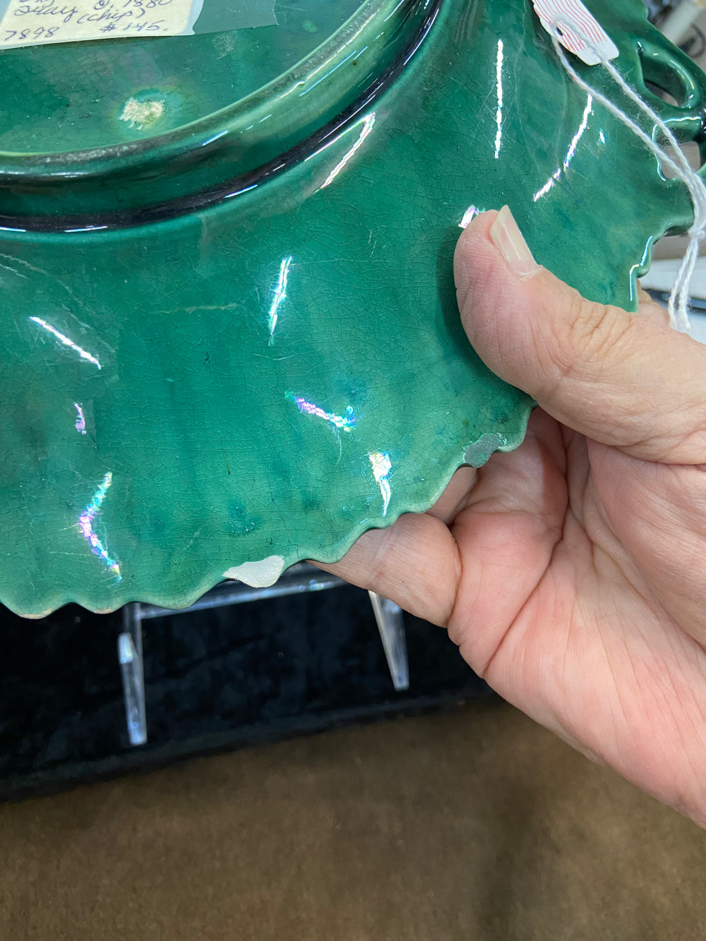 Antique Green-Glazed Majolica Leaf-Shaped Dish or Server c. 1880's