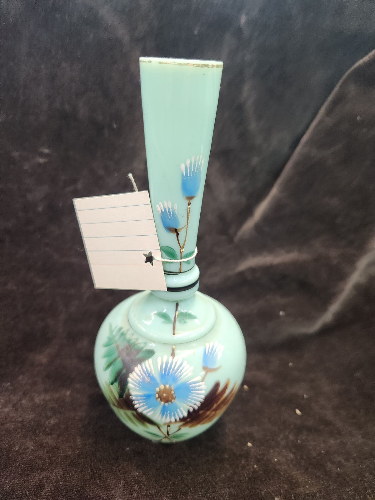 Antique Light Blue Opaline or Bristol Glass Bud Vase or Barber Bottle Featuring Hand-Painted Blue and White Floral Designs