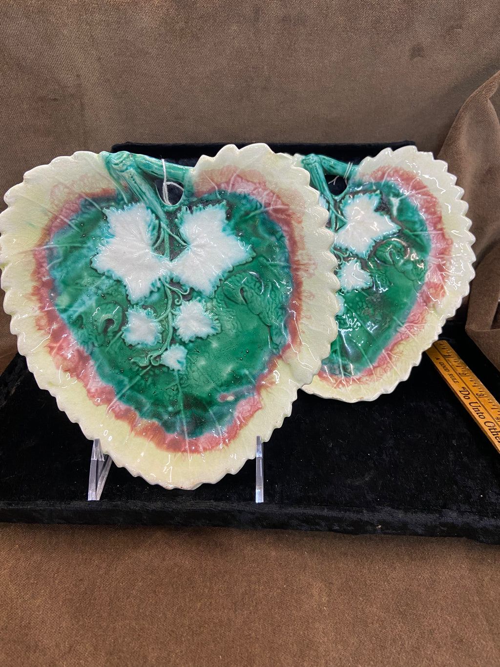 Pair of Antique Etruscan Majolica Begonia Leaf Dishes c. 1800's