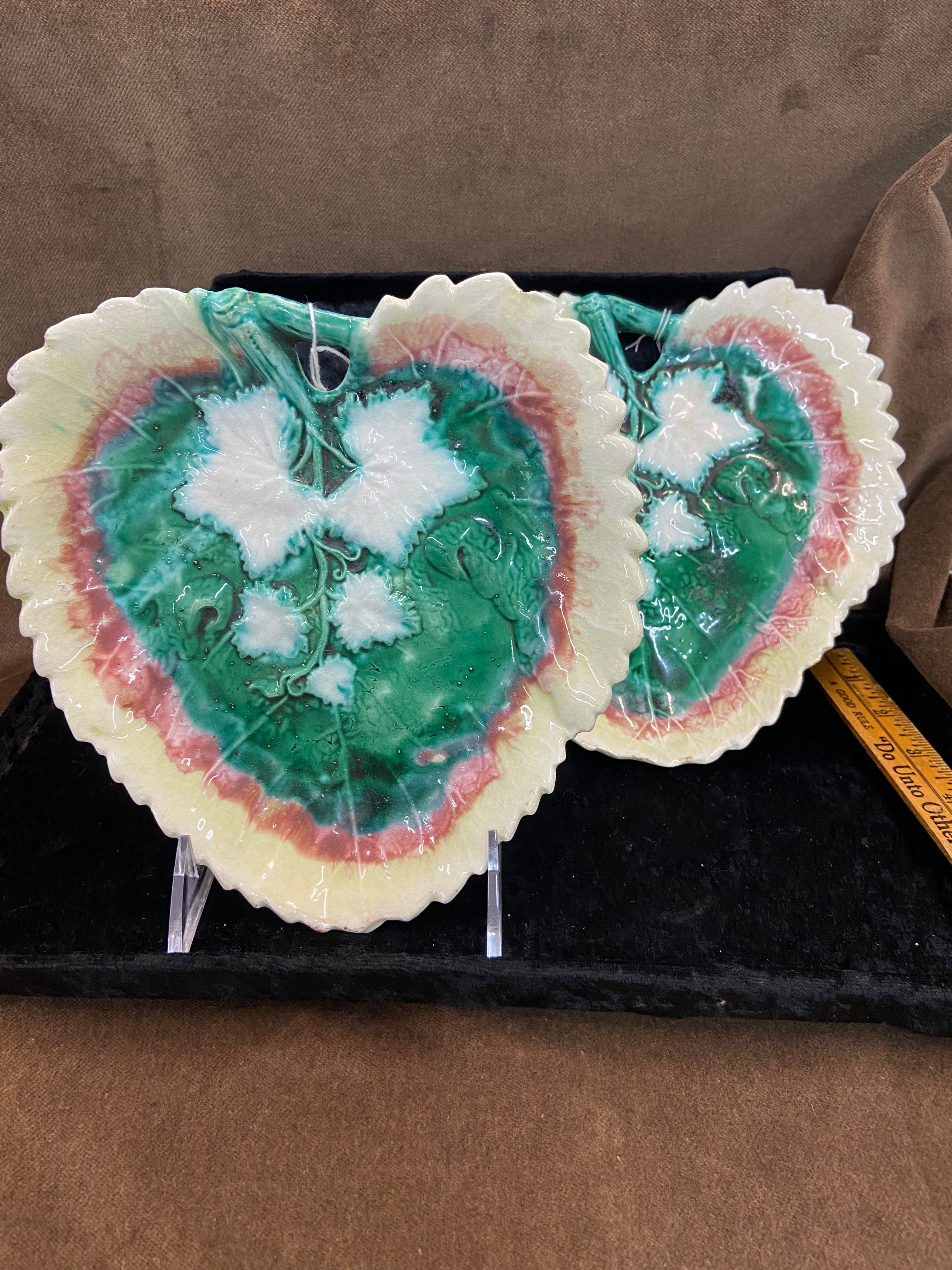 Pair of Antique Etruscan Majolica Begonia Leaf Dishes c. 1800's