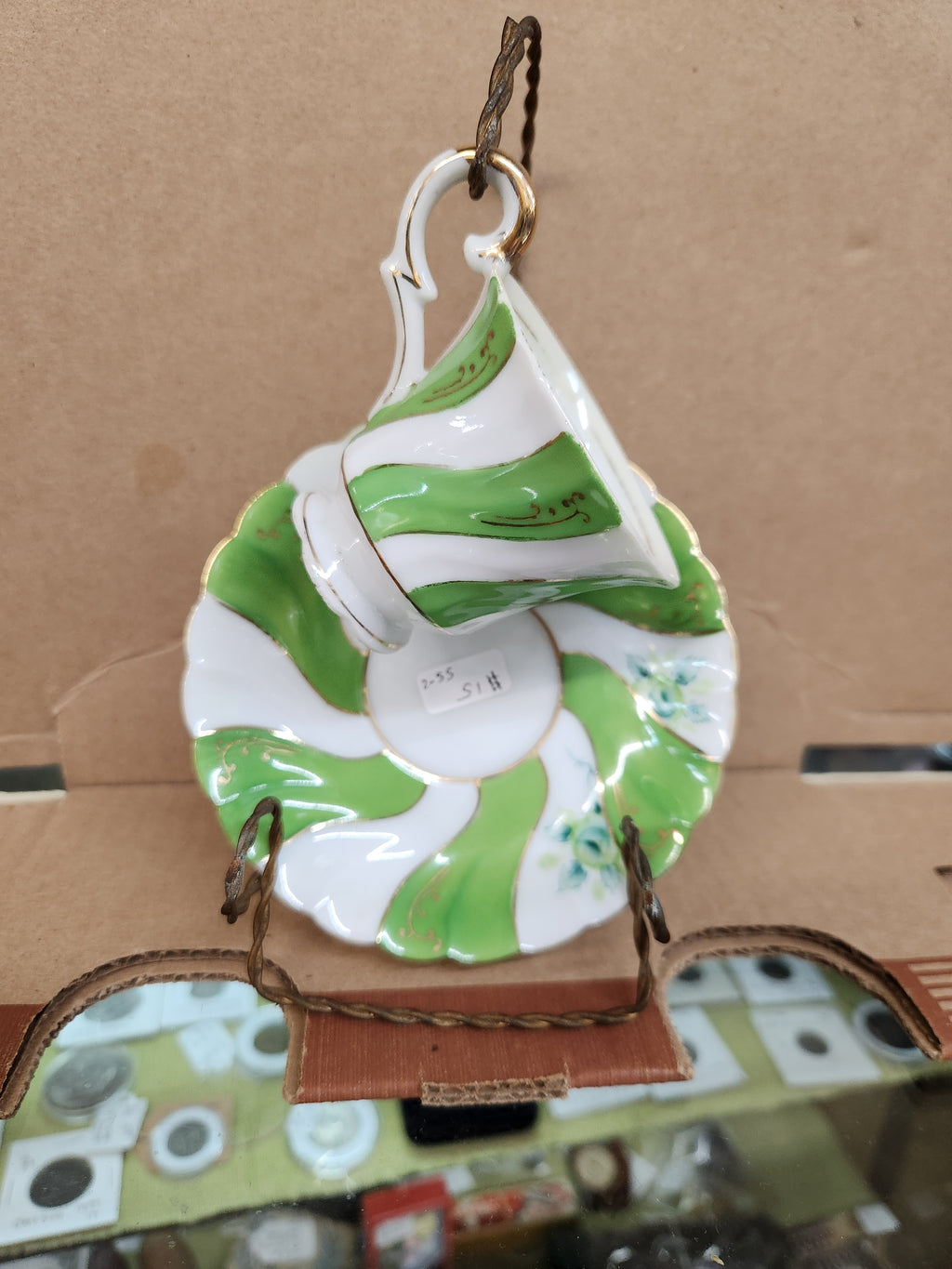 Vintage Ucagco Occupied Japan Demitasse Cup and Saucer Set Green Swirl and Floral Pattern Gold Accents